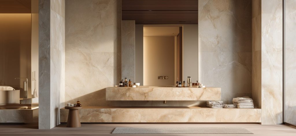 Banheiro de luxo com revestimentos de mármore, padrão da Melhor Construtora.