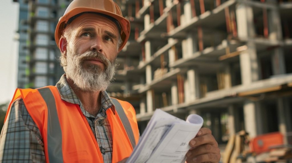 Engenheiro experiente no canteiro de obras, supervisão da Melhor Construtora.
