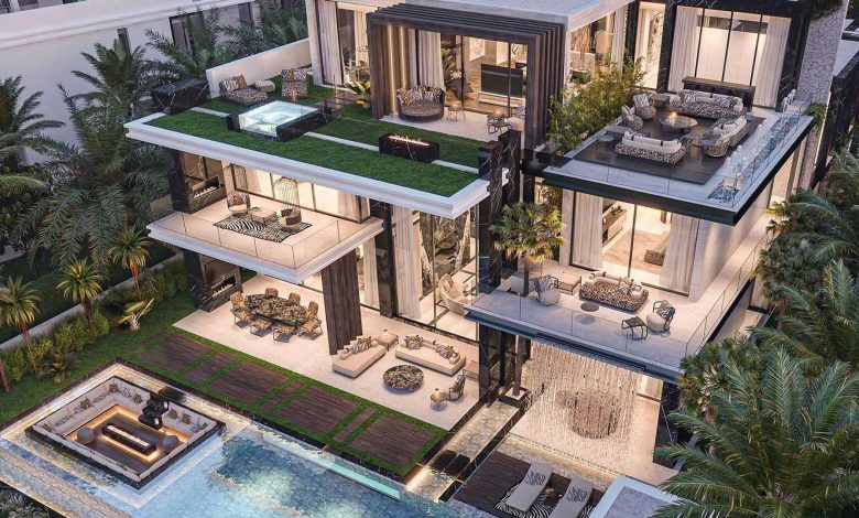 Vista aérea da Casa de Alto Padrão com múltiplas varandas e jardins.