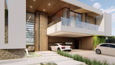 Fachada luxuosa: Projeto Residencial Premium com madeira, vidro e carro esporte.