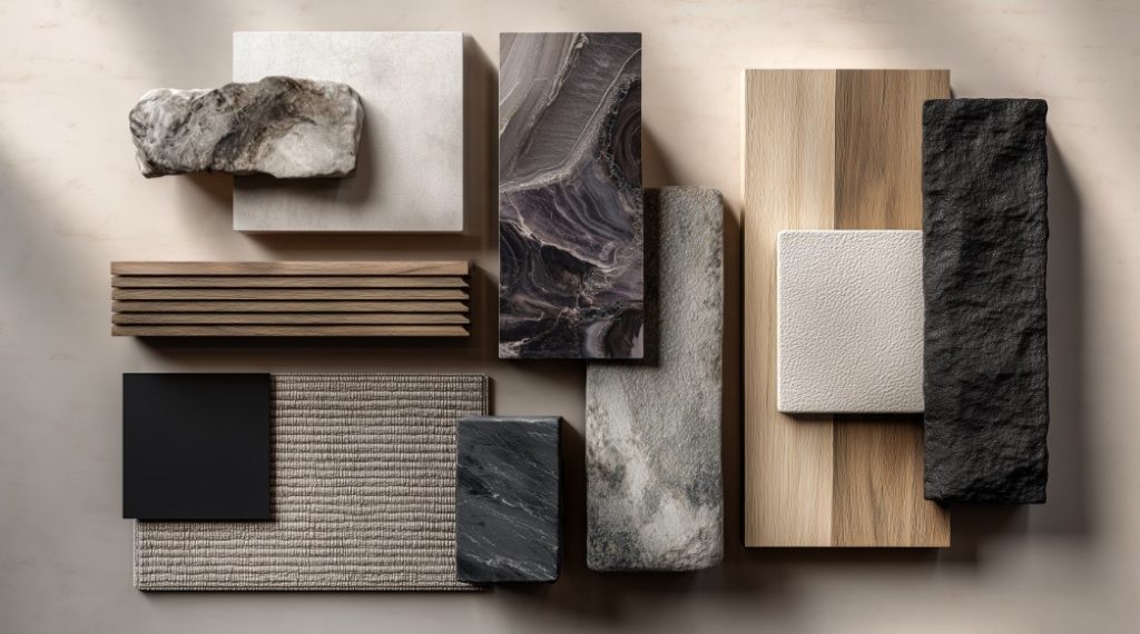 Amostras de pedra, madeira e tecidos, a base da Construção Personalizada.