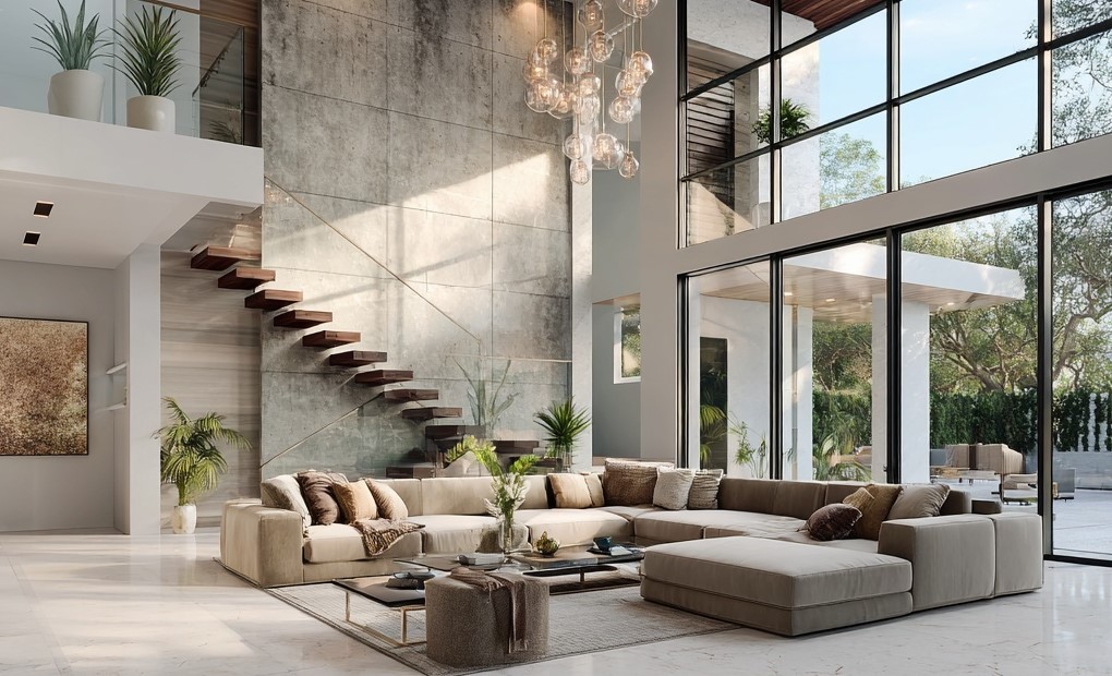 Sala com pé-direito duplo, escada flutuante e Construção Personalizada em concreto.