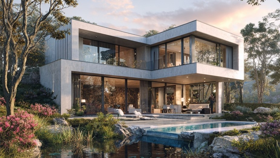 Casa moderna com piscina e natureza integrada, ideal em Construção Personalizada.