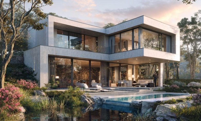 Casa moderna com piscina e natureza integrada, ideal em Construção Personalizada.