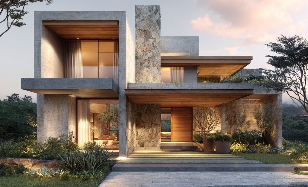 Acabamento de Luxo em fachada com concreto, madeira e revestimento de pedra.