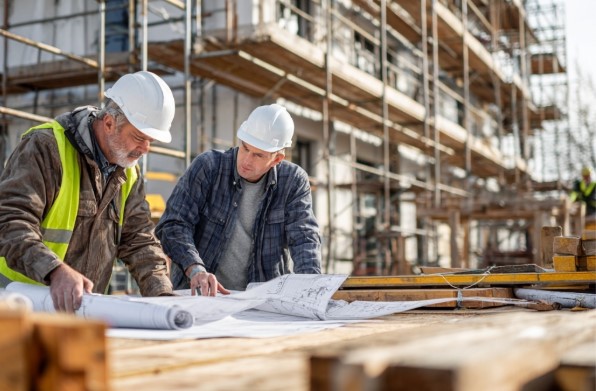 Mestre de obras e operário analisando a planta no canteiro, sob supervisão da Construtora Especializada.