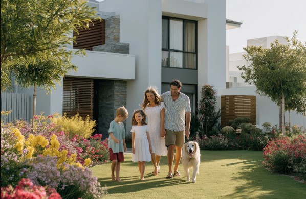Família feliz com a casa pronta, resultado da Construtora Especializada.