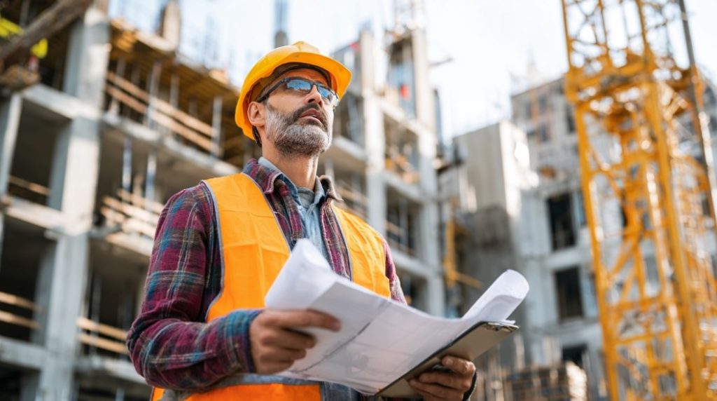 Engenheiro supervisionando o trabalho da Construtora Especializada no canteiro de obras.