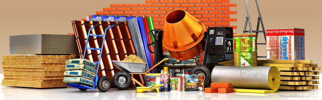 Composição de Materiais de Construção: cimento, madeira, telhas e misturador.