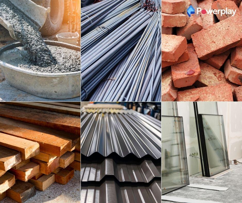 Amostra dos principais Materiais de Construção: concreto, aço, tijolos, madeira.