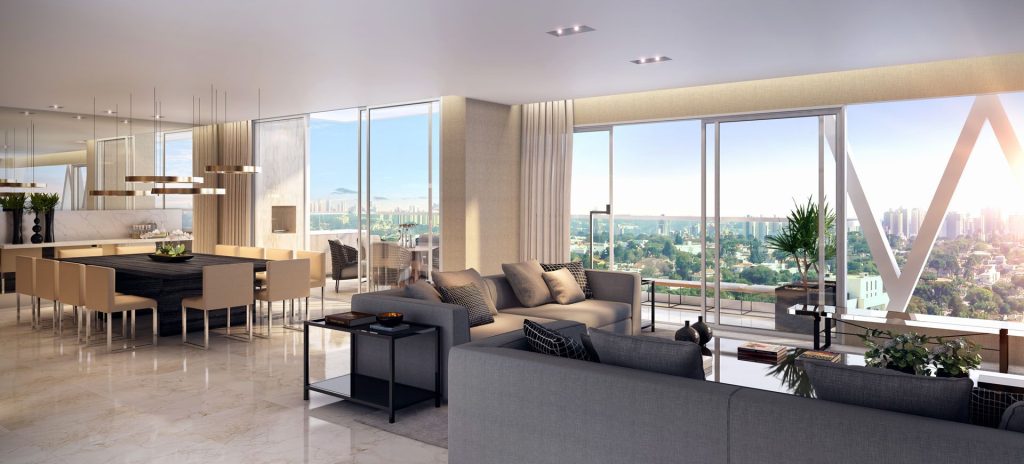 Sala e cozinha integradas, design de Construtoras de Luxo, vista panorâmica.