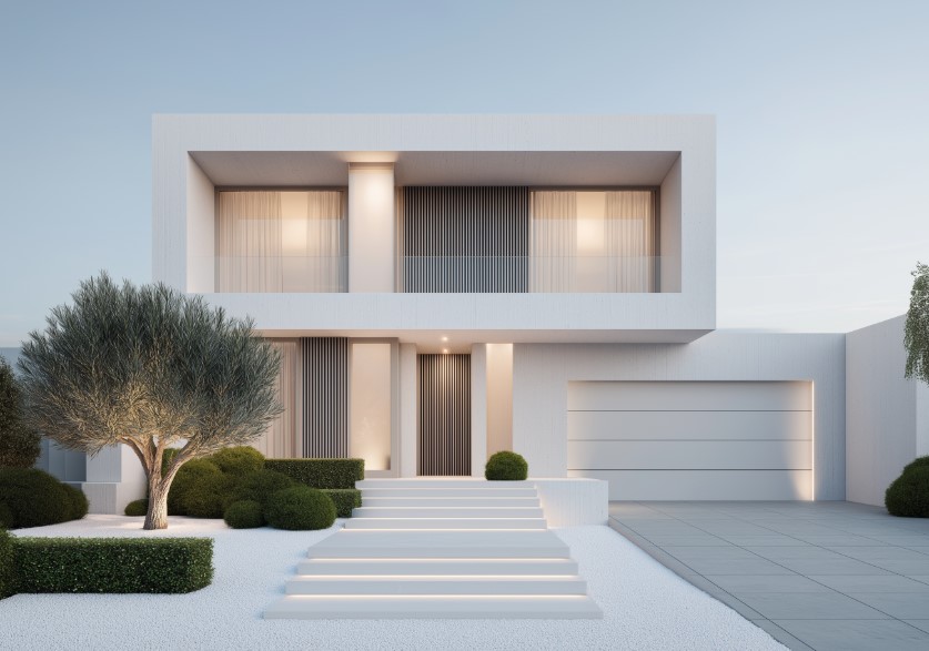 Casa minimalista branca com escadaria iluminada e jardim, foco em Reforma Alto Padrão.