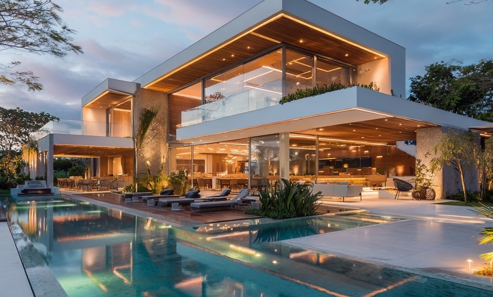 Área externa com piscina, deck de madeira e grandes janelas após Reforma Alto Padrão.