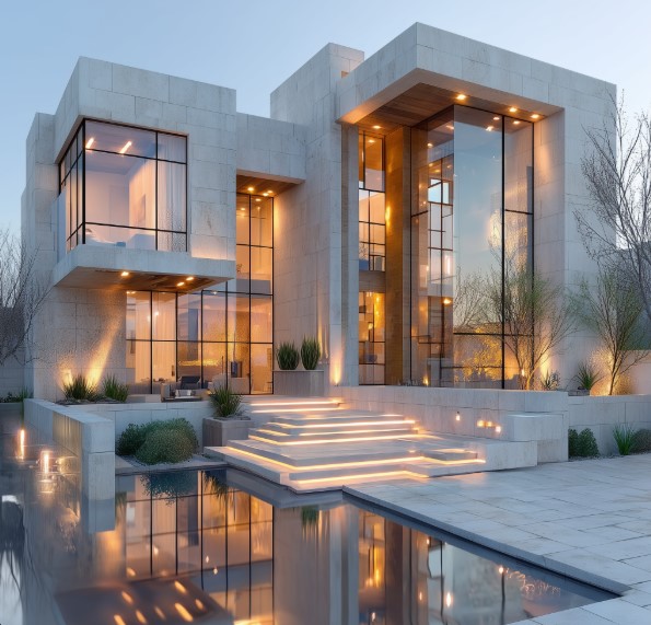 Entrada imponente de pedra clara e espelho d'água, resultado de Reforma Alto Padrão.