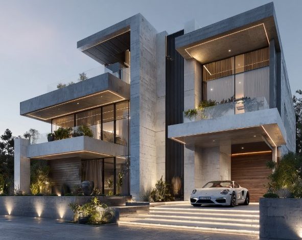 Reforma Alto Padrão: Fachada moderna com concreto, vidro e iluminação de destaque.