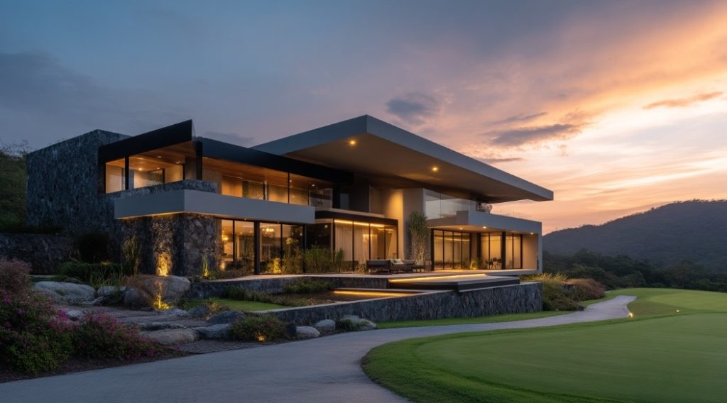 Arquitetura de mansão e paisagismo, realçada por Tecnologia em Construção de Luxo.