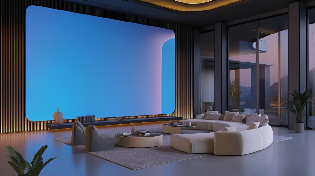 Sala de home theater com telão curvo gigante, foco em Tecnologia em Construção de Luxo.