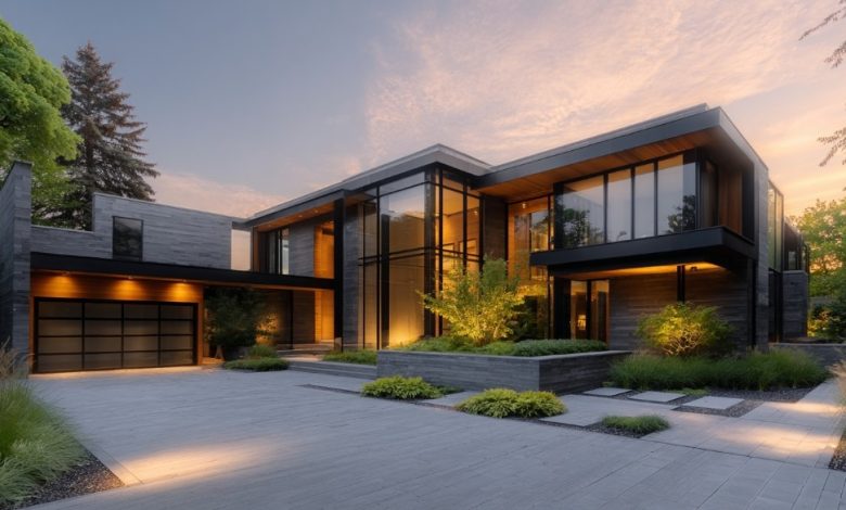 Residência de arquitetura moderna e garagem automatizada, integrando Tecnologia em Construção de Luxo.