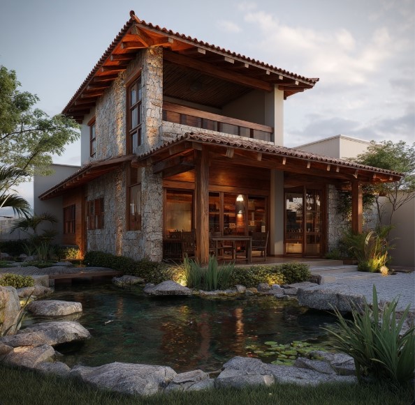 Casa rústica de pedra e madeira em Construção de Alto Padrão.