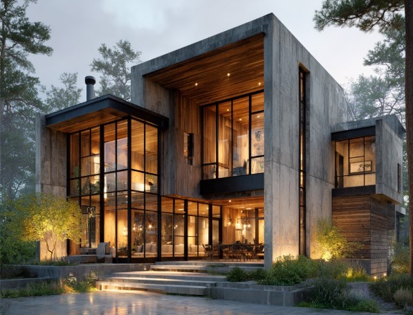 Residência moderna de concreto e madeira, arquitetura de Construção de Alto Padrão.