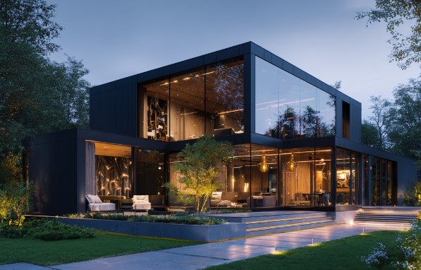 Casa moderna preta e vidro, evidência de Construção de Alto Padrão.