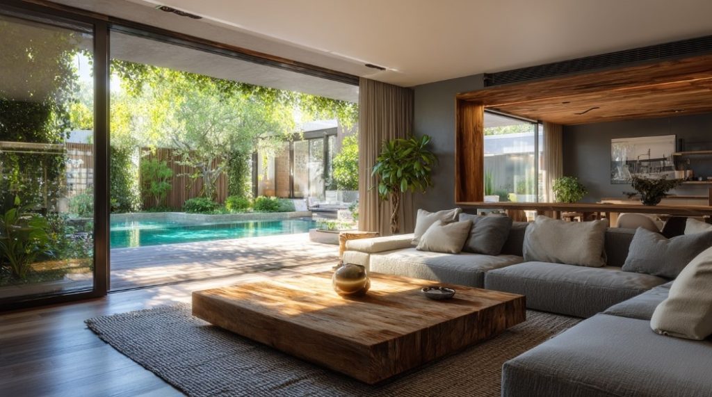 Sala com portas de vidro que se abrem para o deck e piscina, tendência de Casa Moderna de Alto Padrão.