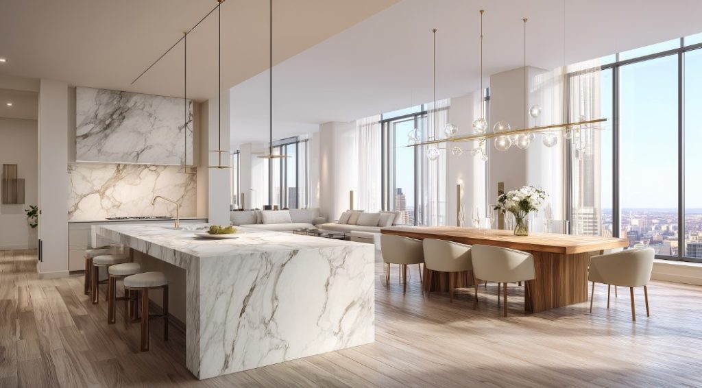 Cozinha e jantar integrados, mármore e madeira, tendência de Casa Moderna de Alto Padrão.