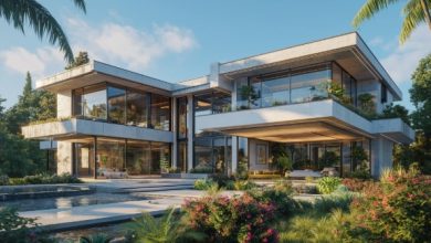 Casa tropical de alto padrão com exuberante paisagismo, tendência de Casa Moderna de Alto Padrão.