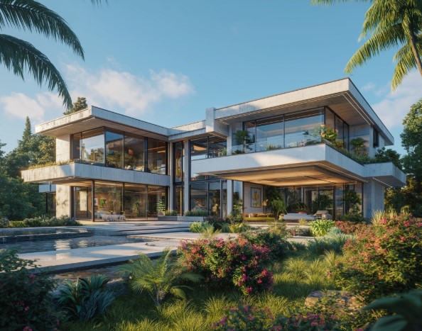 Casa tropical de alto padrão com exuberante paisagismo, tendência de Casa Moderna de Alto Padrão.