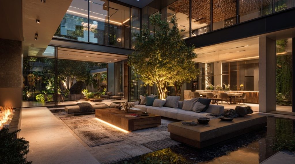 Sala com pé-direito duplo, lareira e árvore interna, um Projeto Exclusivo de Residência.