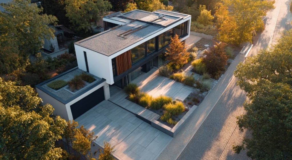 Vista aérea de casa com telhado verde e garagem, exemplo de Projeto Exclusivo de Residência sustentável.