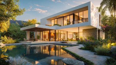 Casa moderna integrada à piscina e natureza, refletindo um Projeto Exclusivo de Residência.