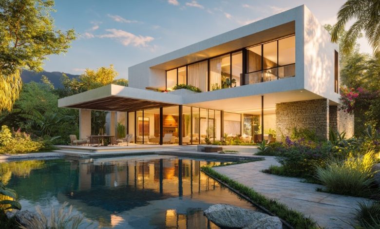 Casa moderna integrada à piscina e natureza, refletindo um Projeto Exclusivo de Residência.