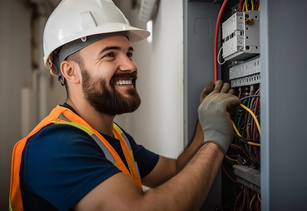 Eletricista Perto de Mim sorrindo e trabalhando no quadro de distribuição.