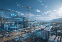 Inteligência Artificial em canteiro de obras, com projeto digital em sobreposição.