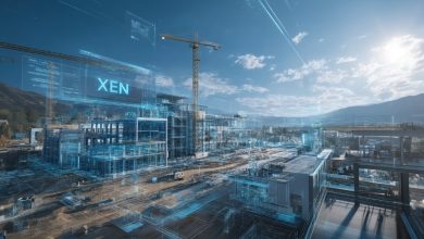 Inteligência Artificial em canteiro de obras, com projeto digital em sobreposição.