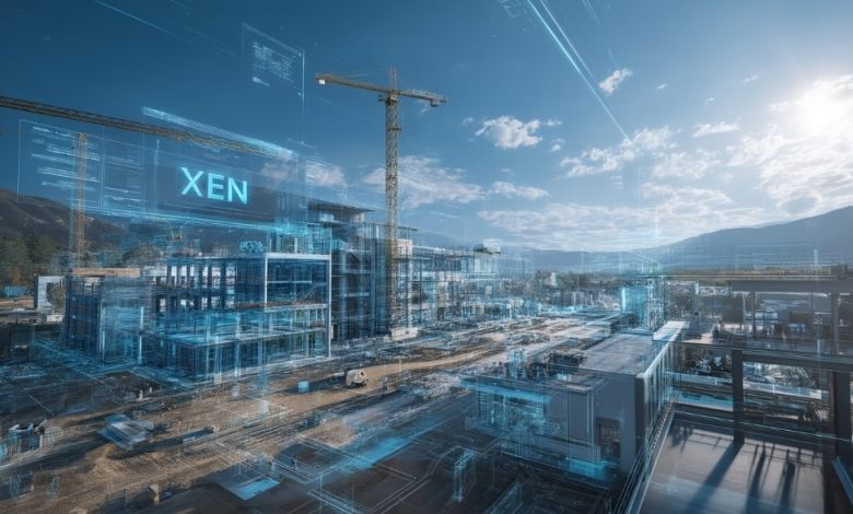 Inteligência Artificial em canteiro de obras, com projeto digital em sobreposição.