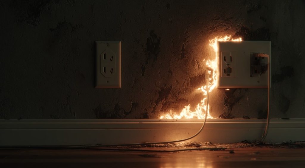 Tomada com curto-circuito e fogo, o perigo de um serviço sem Eletricista qualificado.
