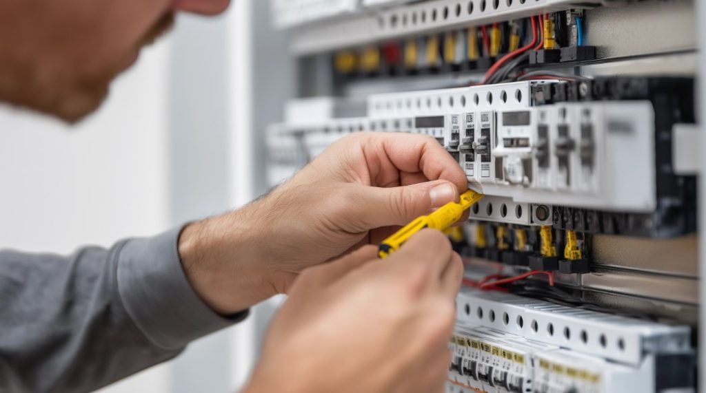 Eletricista verificando disjuntores e fiação com multímetro, foco na qualidade.