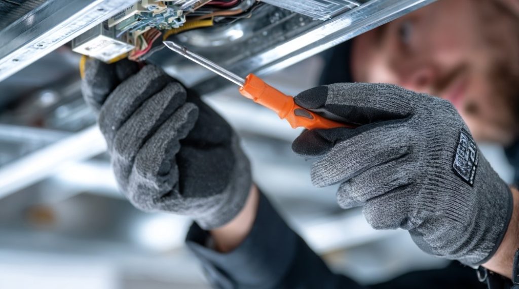 Mãos de Eletricista com luvas, reparando fiação com chave de fenda.