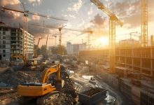 Canteiro de obras com guindastes e escavadeiras, mostrando a industrialização da construção.