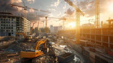 Canteiro de obras com guindastes e escavadeiras, mostrando a industrialização da construção.