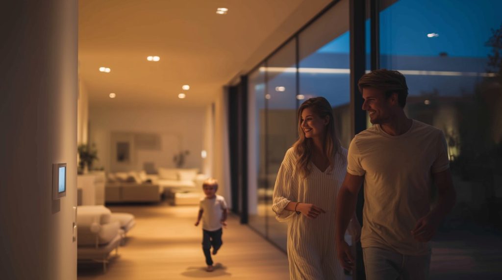 Família chegando em casa bem iluminada e segura, garantida pelo Eletricista 24 Horas.