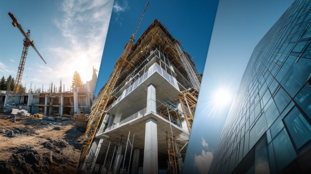 Mosaico das fases de construção, do terreno ao prédio finalizado, superando a Gestão VUCA.