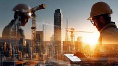 Engenheiros e guindastes em sobreposição com cidade digital, foco na Gestão VUCA.