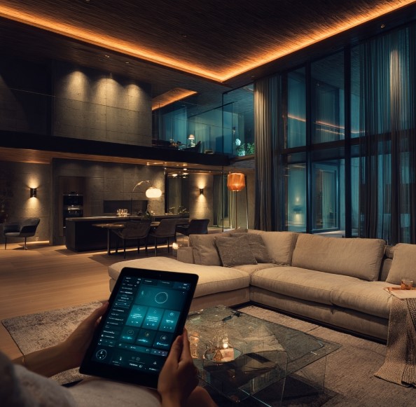 Sala com automação em tablet e luz indireta no forro, um exemplo de Iluminação de Alto Padrão.