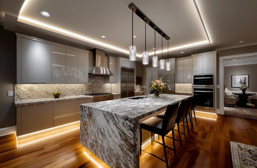Cozinha moderna com fitas de LED e lustres, usando Iluminação de Alto Padrão.
