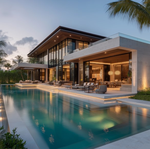 Iluminação de Alto Padrão externa em deck e piscina, destacando a arquitetura.