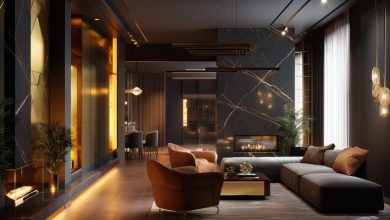 Sala escura de luxo com detalhes dourados e lareira, evidenciando a Iluminação de Alto Padrão.