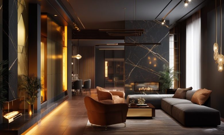 Sala escura de luxo com detalhes dourados e lareira, evidenciando a Iluminação de Alto Padrão.
